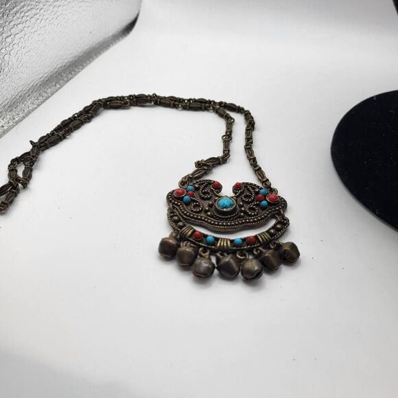 Beautiful Bohemian Southwestern Style Turquoise & Coral Bell Necklace - Picture 3 of 4